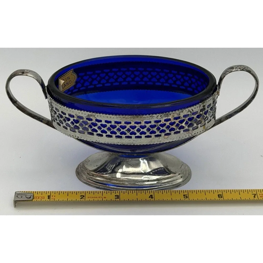 Sugar Bowl England Cobalt Blue Glass w/ Metal Holder Handles New w/ Wear